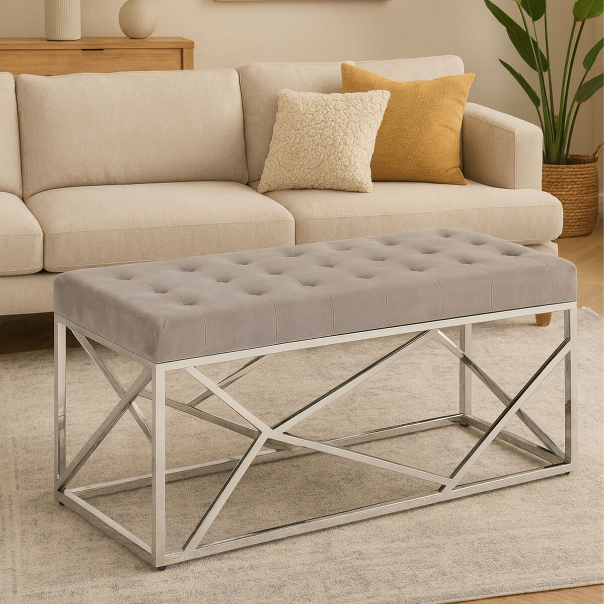 Orsina Allure Mink Velvet Bench | Quilted Seat with Silver Frame