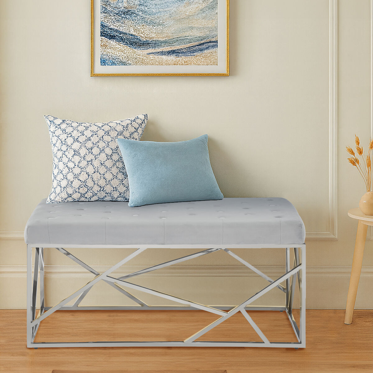 Orsina Allure Powder Blue Geometric Bench | Quilted Velvet & Silver