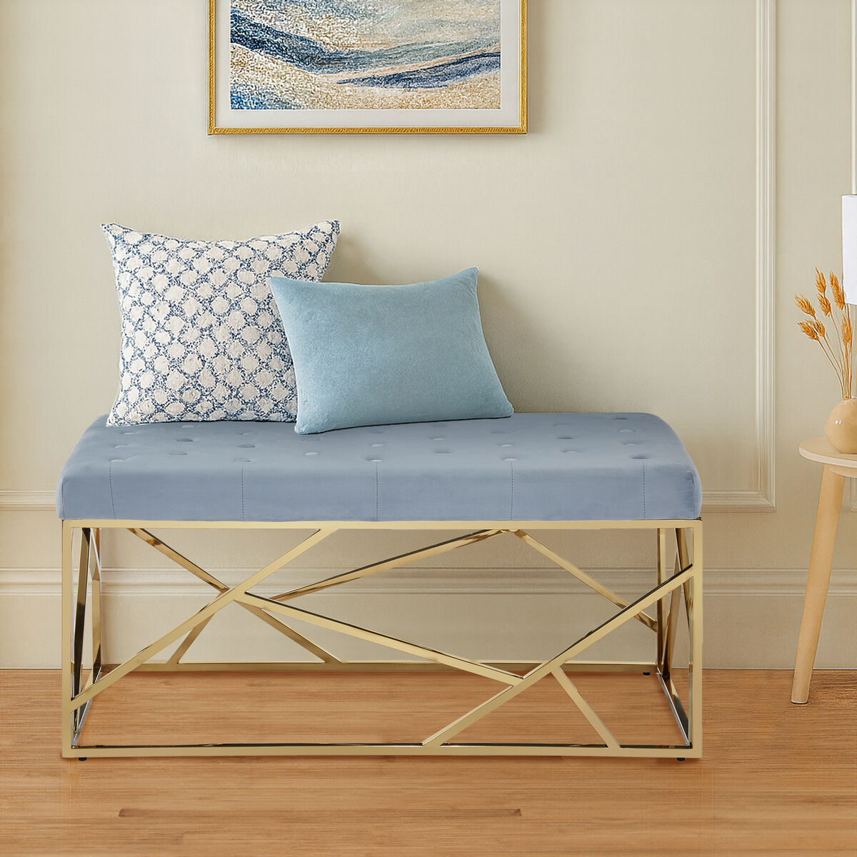 Orsina Allure Velvet Bench – Tufted Powder Blue and Gold Stainless Steel