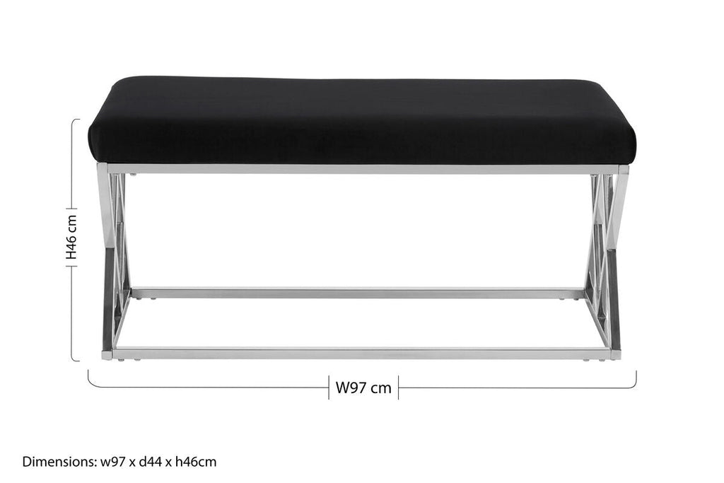 Orsina Allure Black Velvet Bench with Geometric Silver Stainless Legs