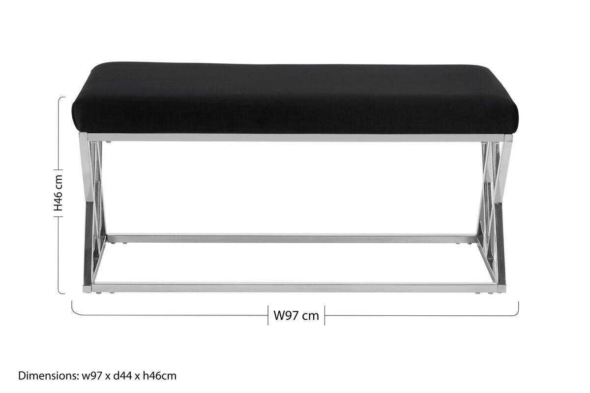 Orsina Allure Black Velvet Bench with Geometric Silver Stainless Legs