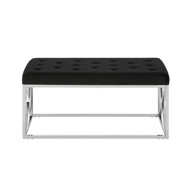 Orsina Allure Black Velvet Tufted Bench with Silver Stainless Base