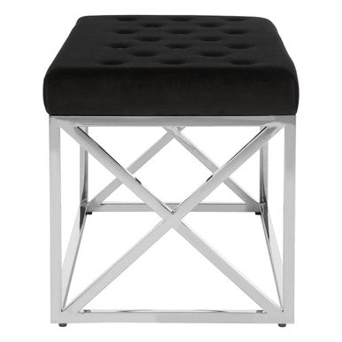 Orsina Allure Black Velvet Tufted Bench with Silver Stainless Base