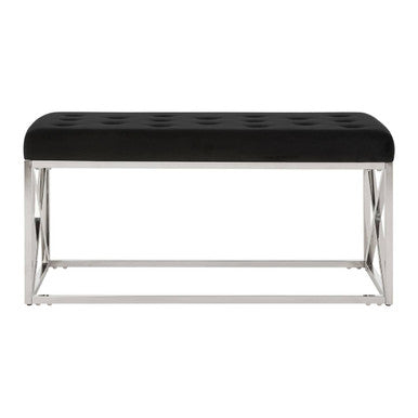 Orsina Allure Black Velvet Tufted Bench with Silver Stainless Base