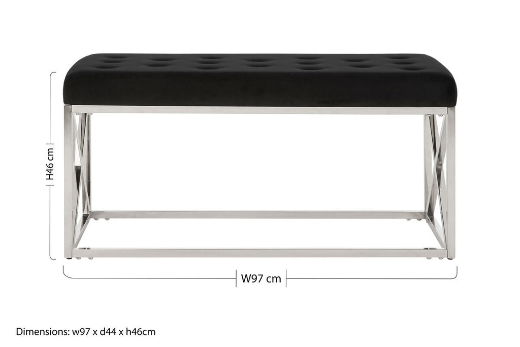 Orsina Allure Black Velvet Tufted Bench with Silver Stainless Base