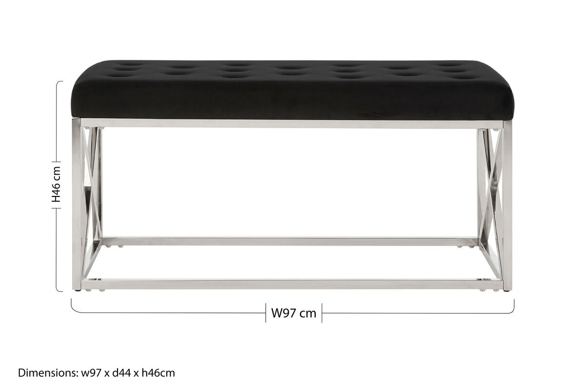 Orsina Allure Black Velvet Tufted Bench with Silver Stainless Base
