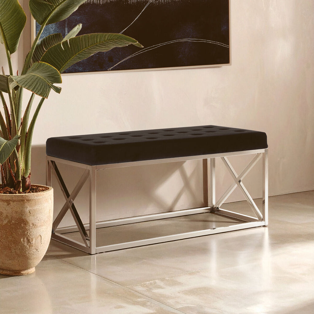 Orsina Allure Black Velvet Tufted Bench with Silver Stainless Base
