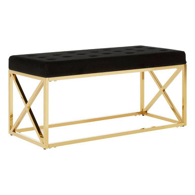 Orsina Allure Black Velvet Tufted Bench with Gold Stainless Base