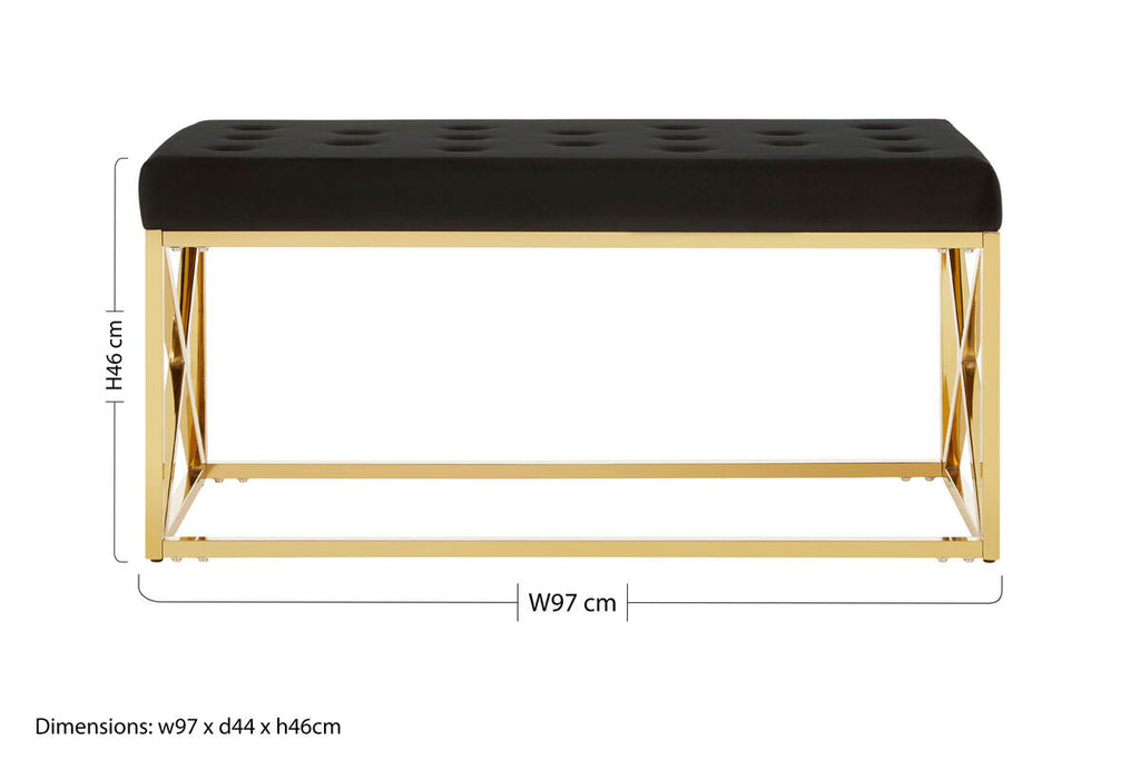 Orsina Allure Black Velvet Tufted Bench with Gold Stainless Base