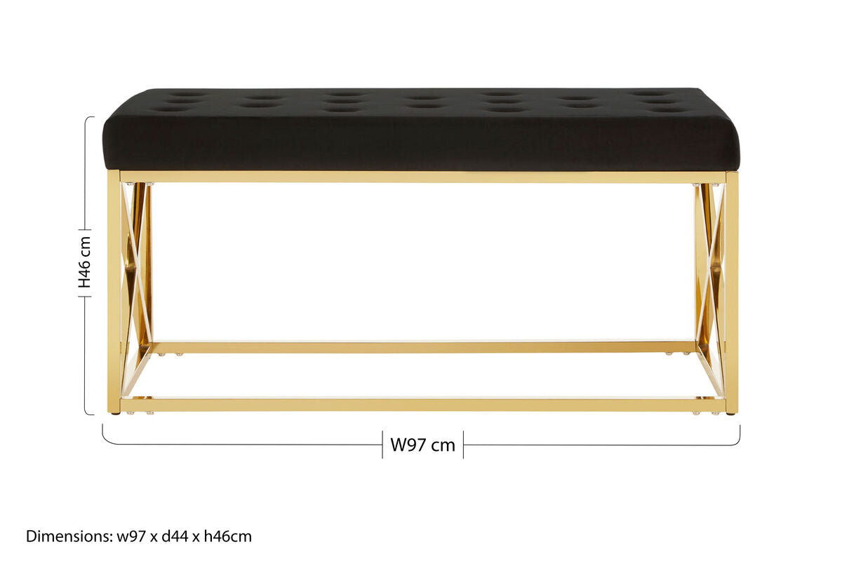 Orsina Allure Black Velvet Tufted Bench with Gold Stainless Base