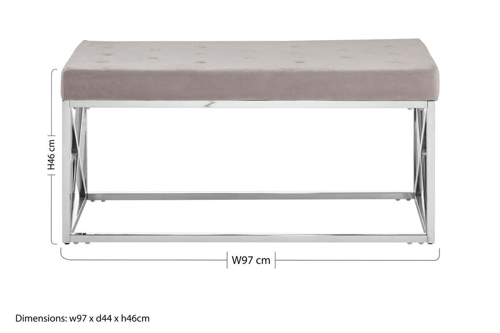 Orsina Allure Mink Velvet Tufted Bench | Silver Stainless Steel Base