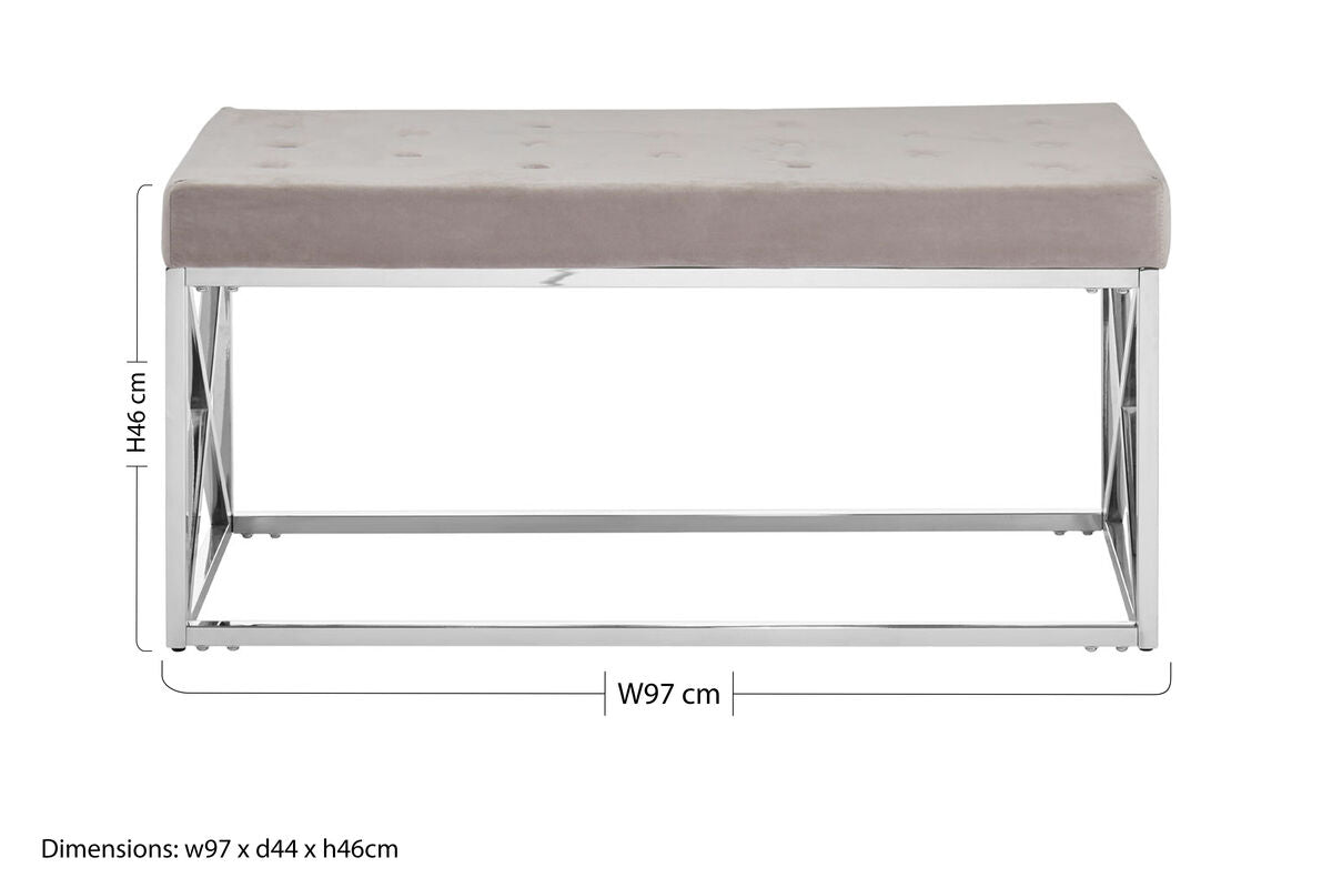 Orsina Allure Mink Velvet Tufted Bench | Silver Stainless Steel Base