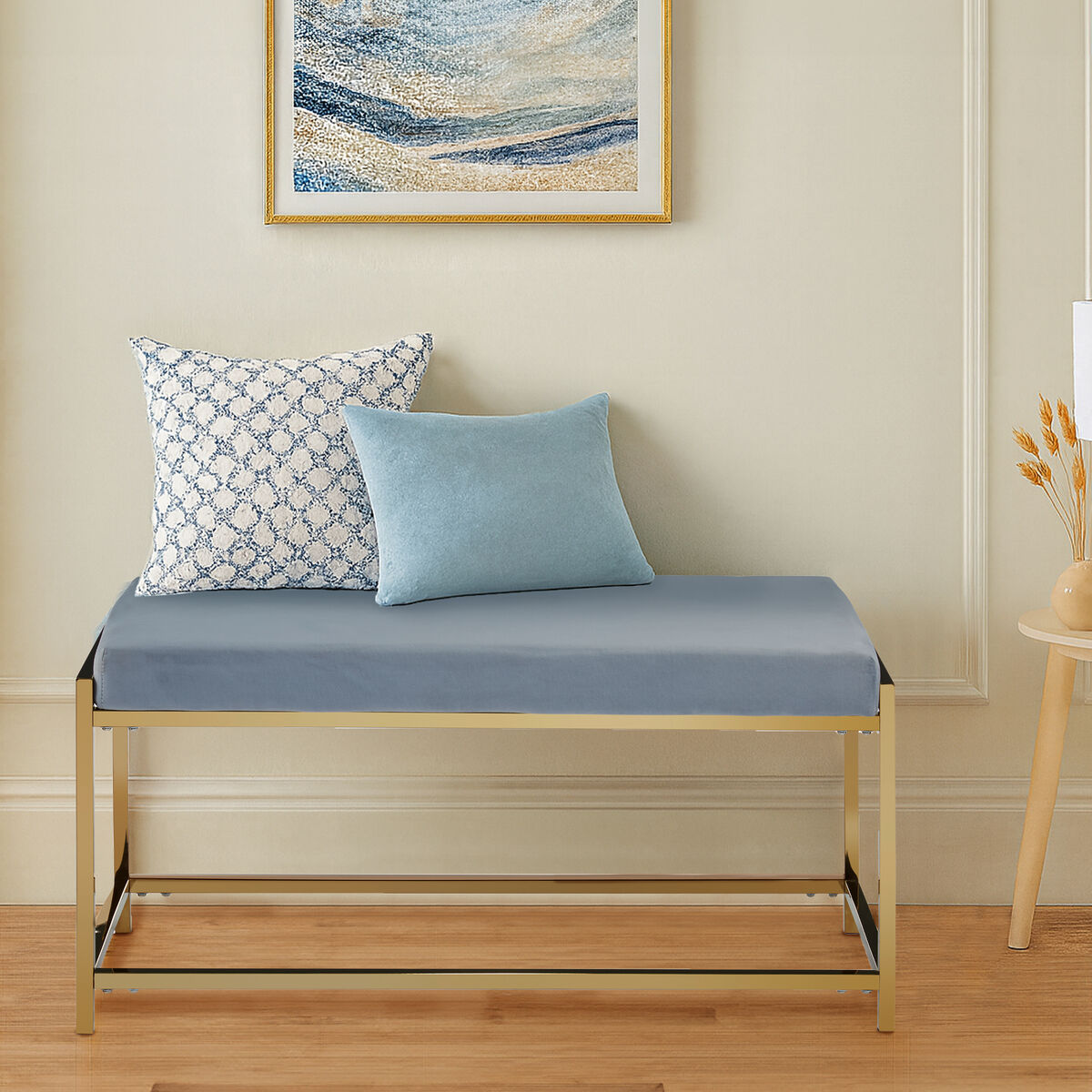 Orsina Allure Velvet Bench – Powder Blue and Gold Entryway Seating