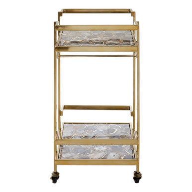 Orsina Vita Drinks Trolley – Gold Steel Bar Cart with Agate Shelves