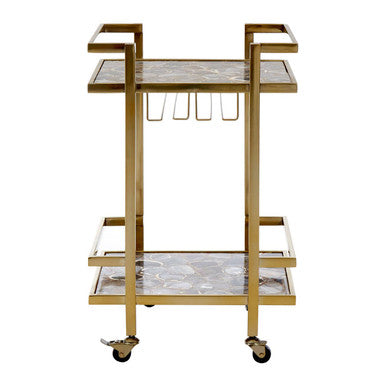Orsina Vita Drinks Trolley – Gold Steel Bar Cart with Agate Shelves