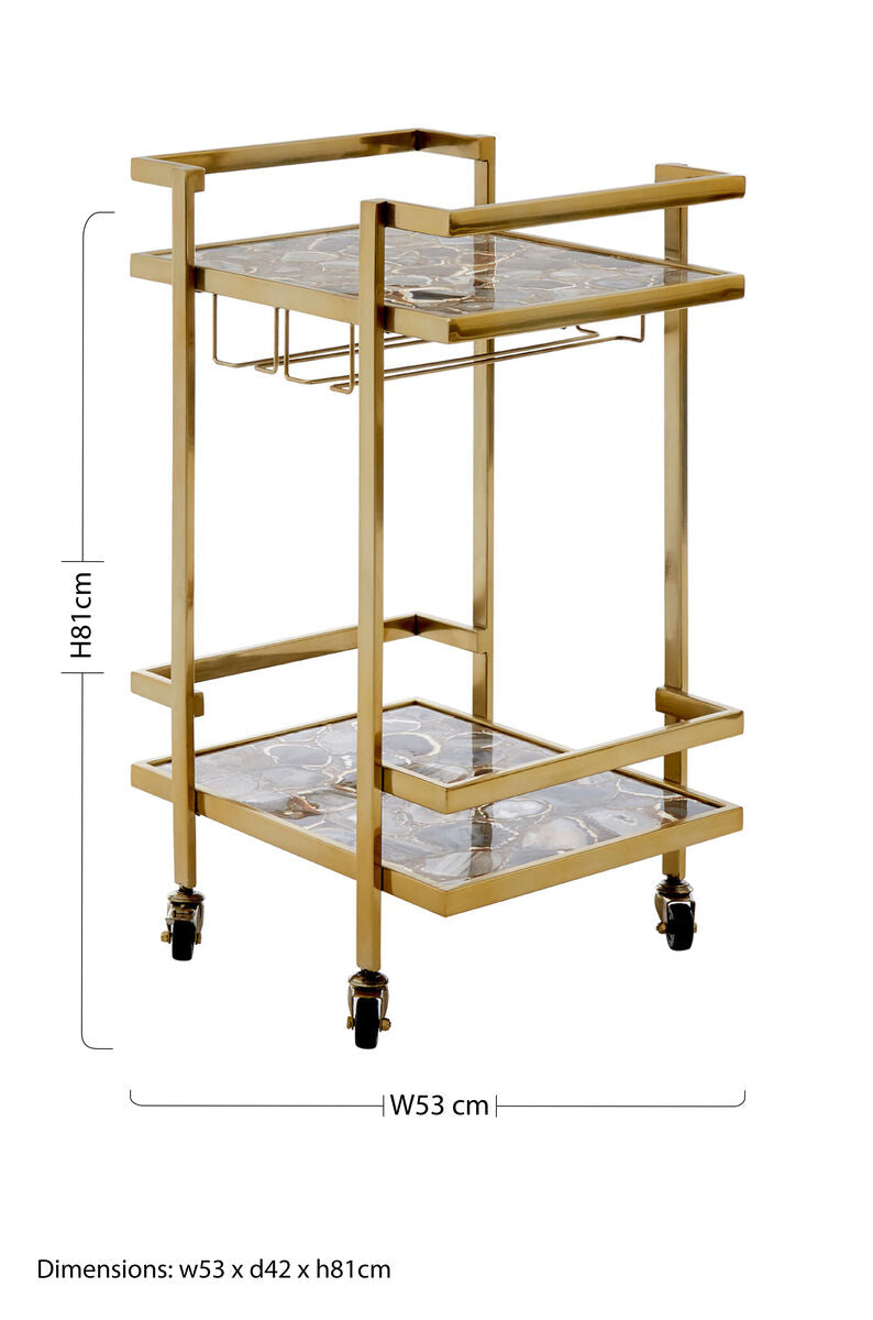 Orsina Vita Drinks Trolley – Gold Steel Bar Cart with Agate Shelves