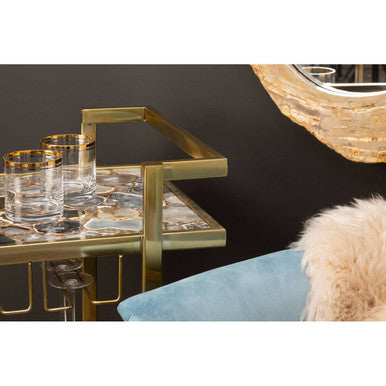 Orsina Vita Drinks Trolley – Gold Steel Bar Cart with Agate Shelves