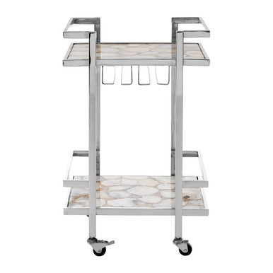 Orsina Vita White Agate Drinks Trolley – Silver Bar Cart with Wheels