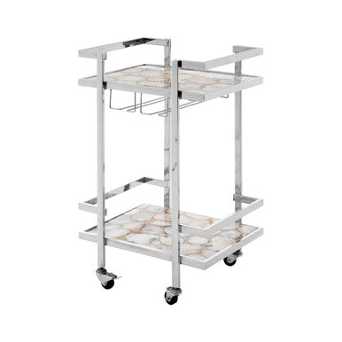 Orsina Vita White Agate Drinks Trolley – Silver Bar Cart with Wheels