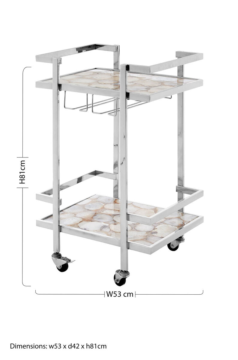 Orsina Vita White Agate Drinks Trolley – Silver Bar Cart with Wheels
