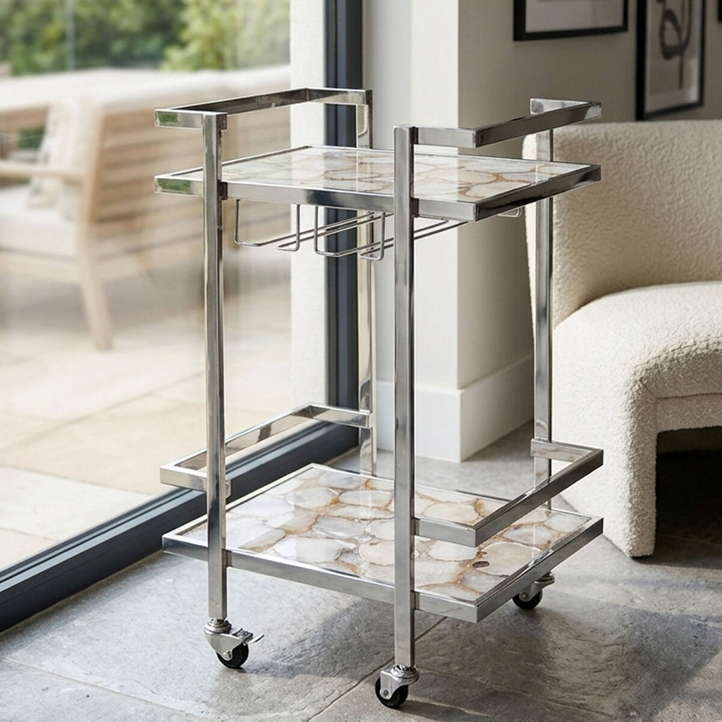 Orsina Vita White Agate Drinks Trolley – Silver Bar Cart with Wheels