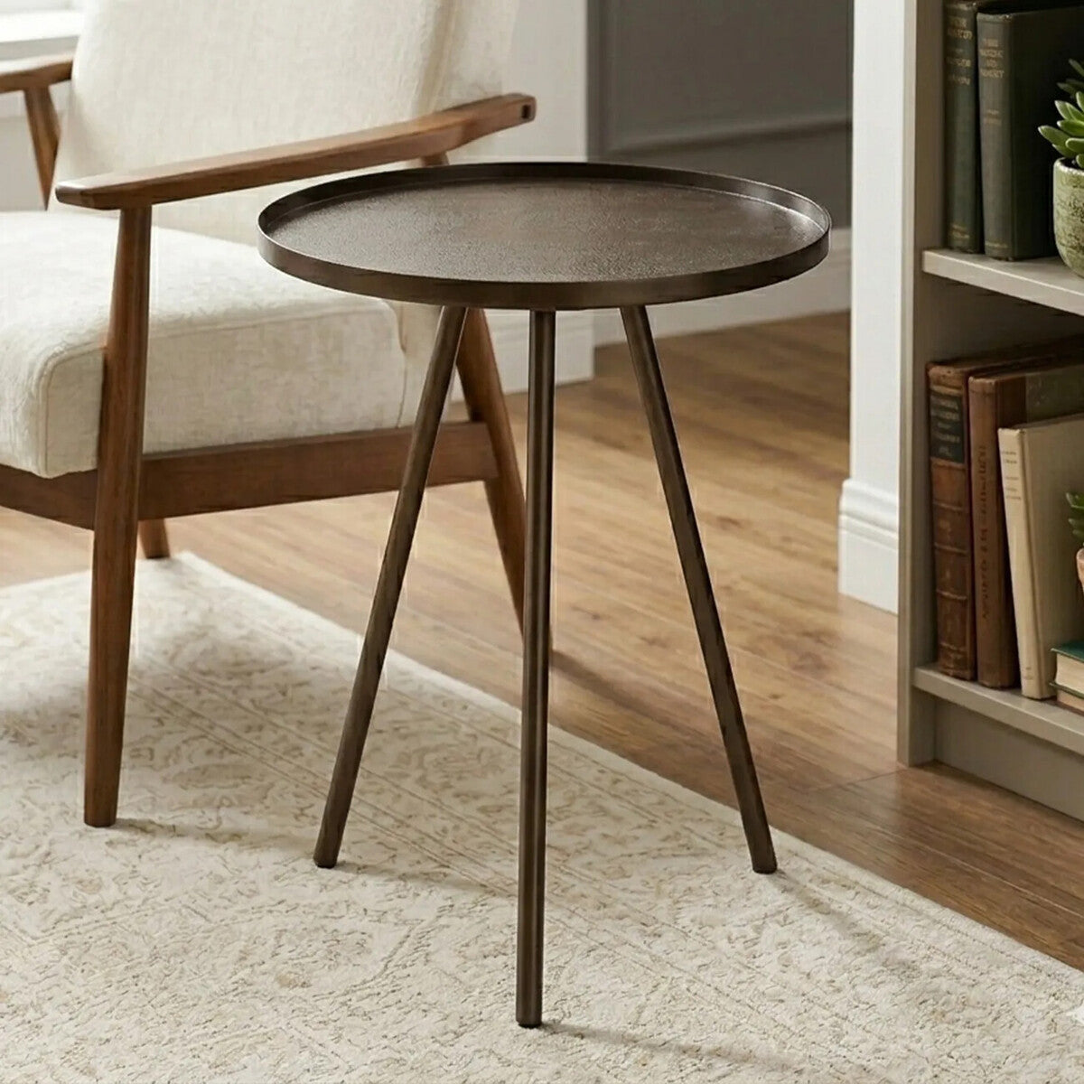 Orsina Corra Round Side Table – Black Iron with Antique Glass Top