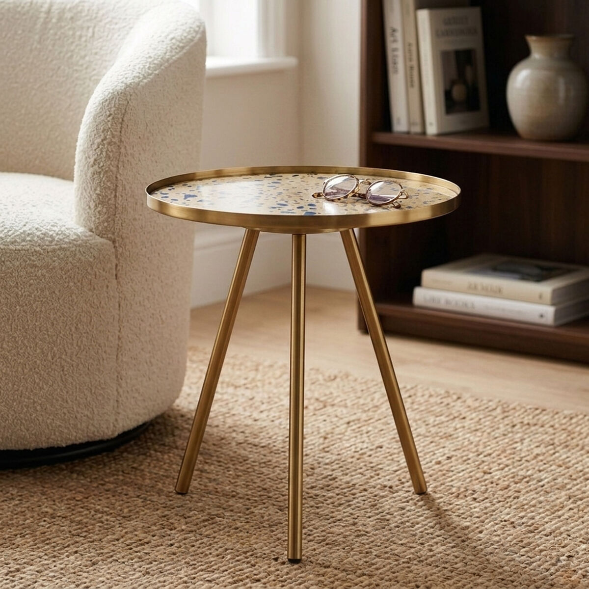 Orsina Corra Gold Side Table – Round Glass Top with Splayed Legs