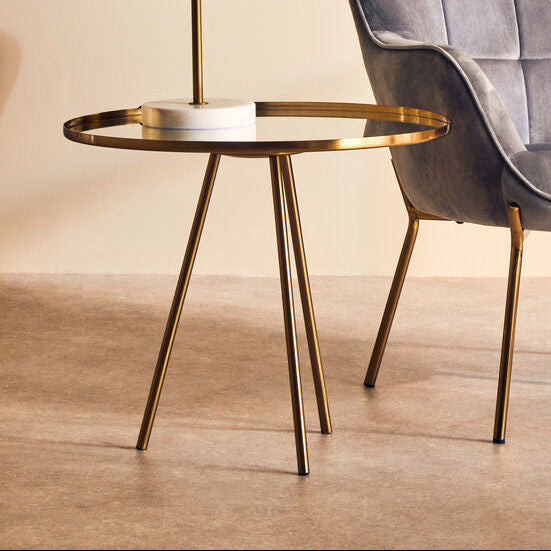 Orsina Corra Gold Side Table – Round Mirrored Top Minimal Iron Base