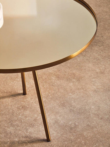 Orsina Corra Gold Side Table – Round Mirrored Top Minimal Iron Base