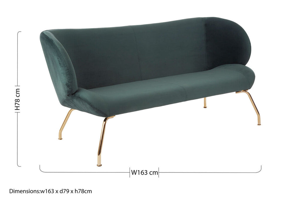Orsina Kolding 2-Seater Green Sofa – Modern Velvet Loveseat with Gold Legs