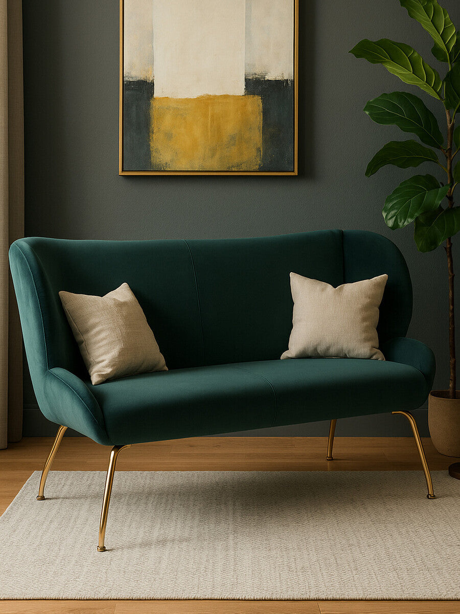 Orsina Kolding 2-Seater Green Sofa – Modern Velvet Loveseat with Gold Legs