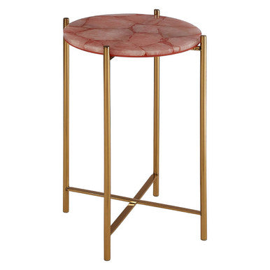 Orsina Vita Pink Quartz Side Table | Gold Steel Cross Base End Table