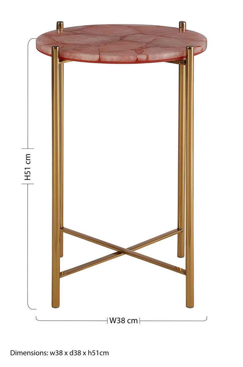 Orsina Vita Pink Quartz Side Table | Gold Steel Cross Base End Table