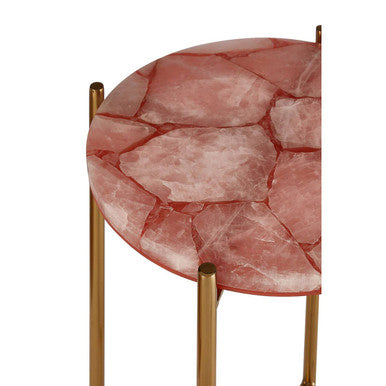 Orsina Vita Pink Quartz Side Table | Gold Steel Cross Base End Table