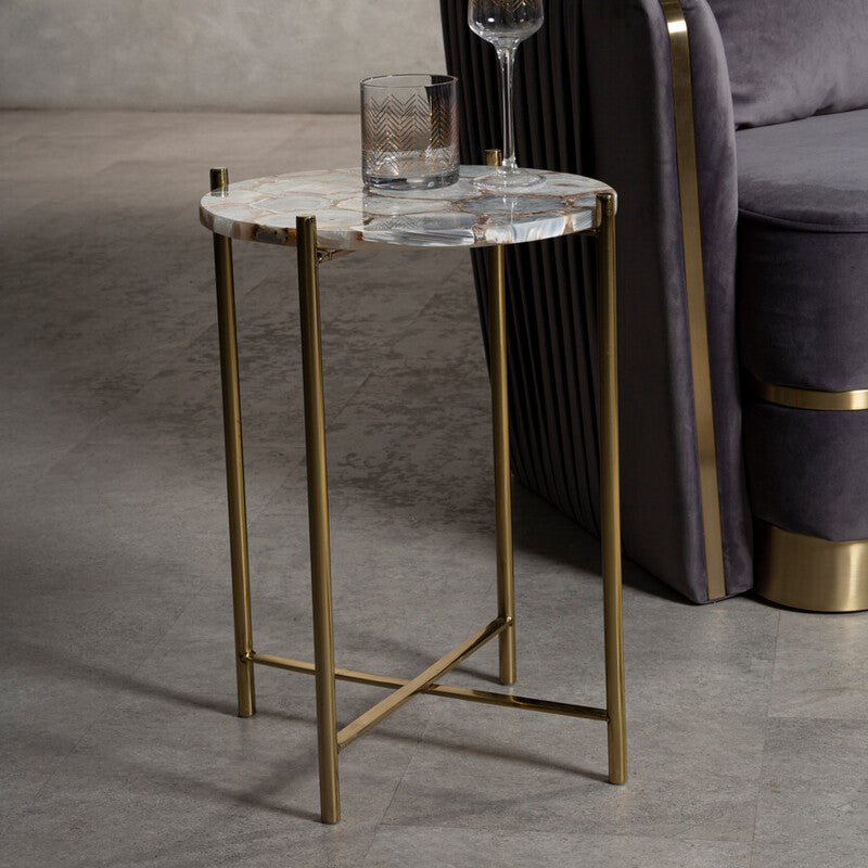 Orsina Vita Natural Agate Side Table – Gold Steel Cross Base
