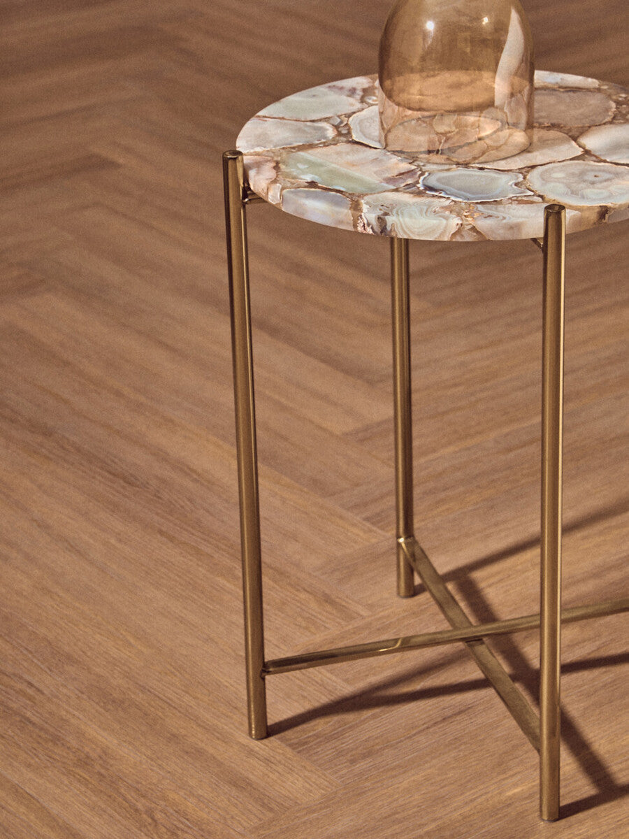 Orsina Vita Natural Agate Side Table – Gold Steel Cross Base