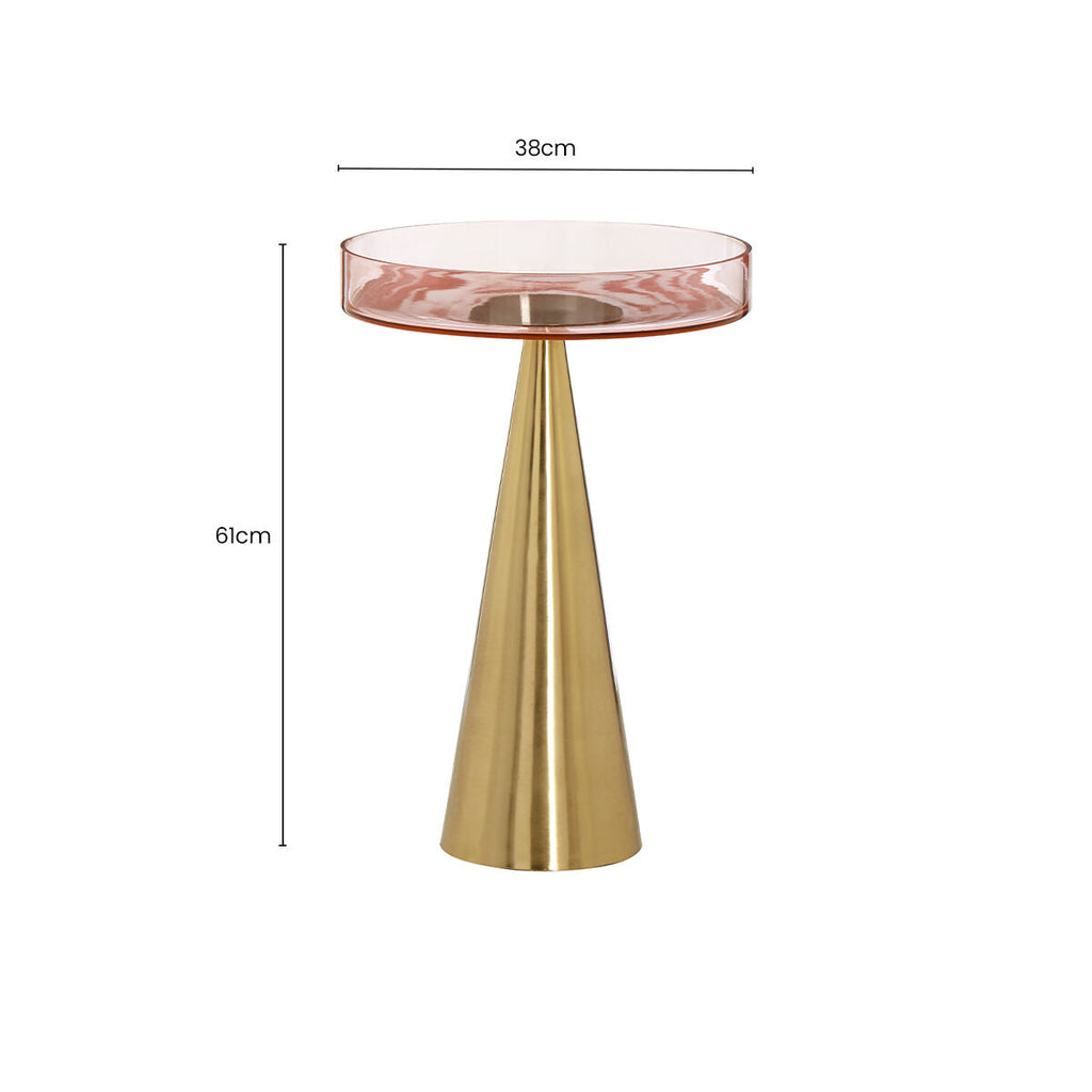 Orsina Martini Side Table – Pink Tinted Glass with Gold Conical Base