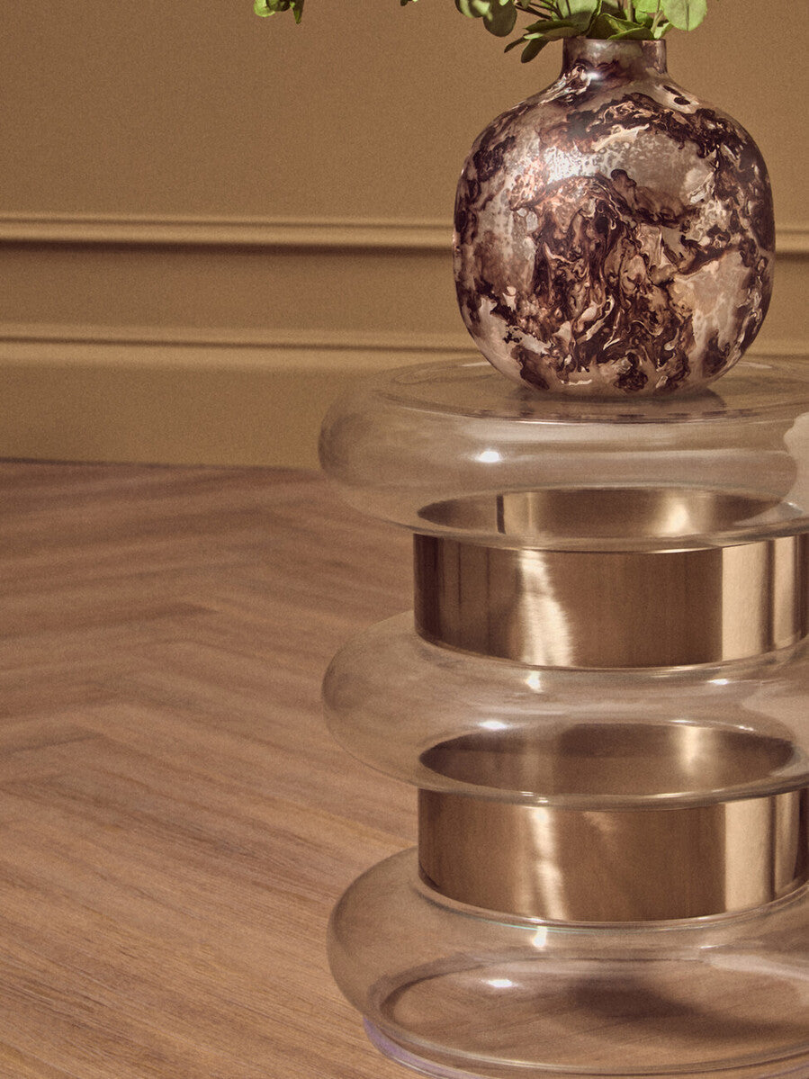 Orsina Margot Round Gold Side Table with Clear Glass and Steel Frame
