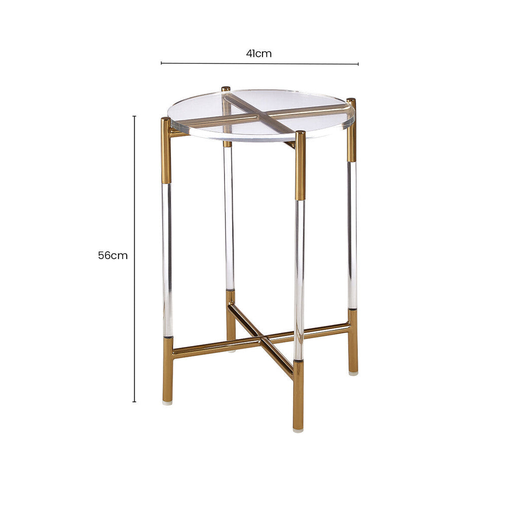 Orsina Miley Round Clear Acrylic Side Table with Gold Steel Cross Base