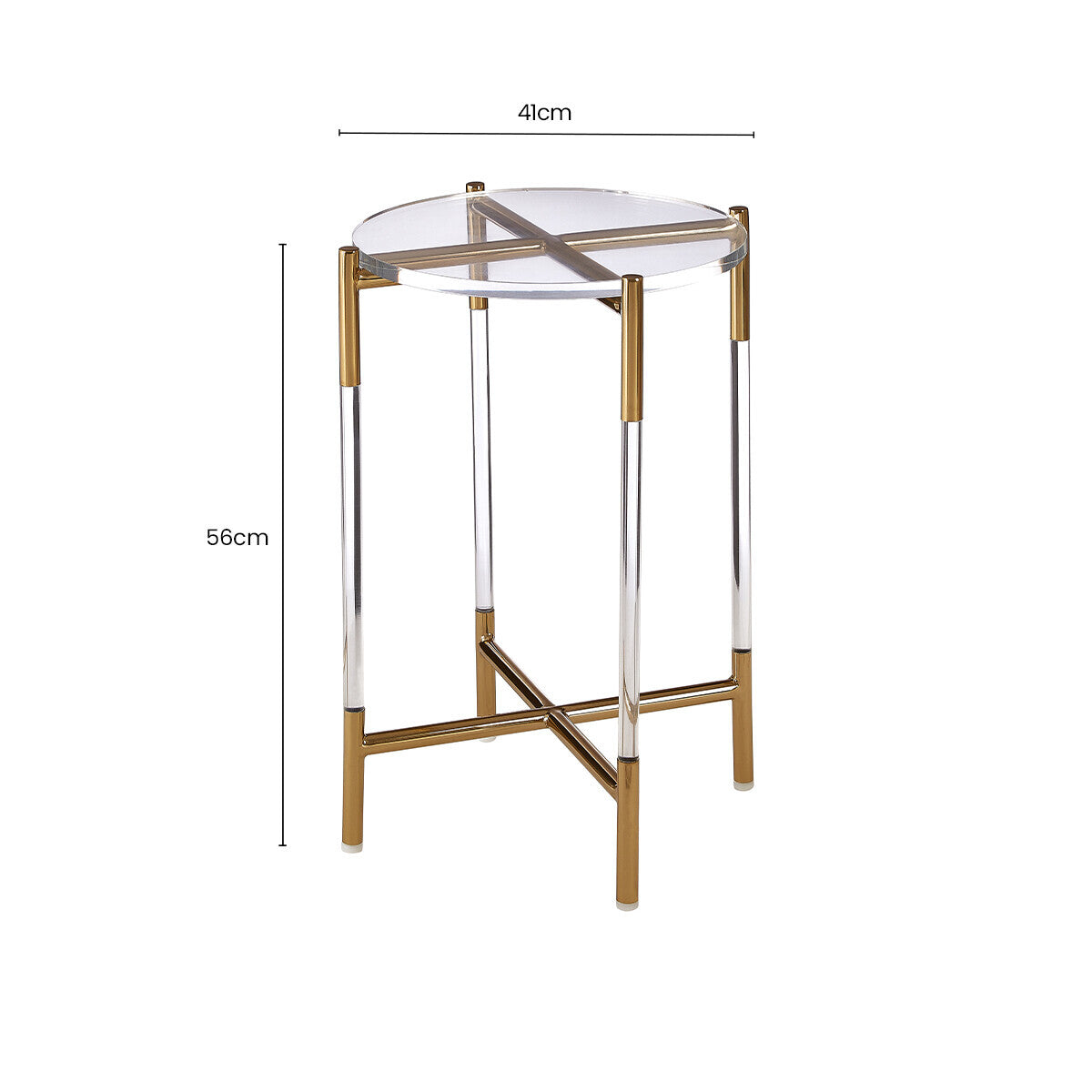 Orsina Miley Round Clear Acrylic Side Table with Gold Steel Cross Base