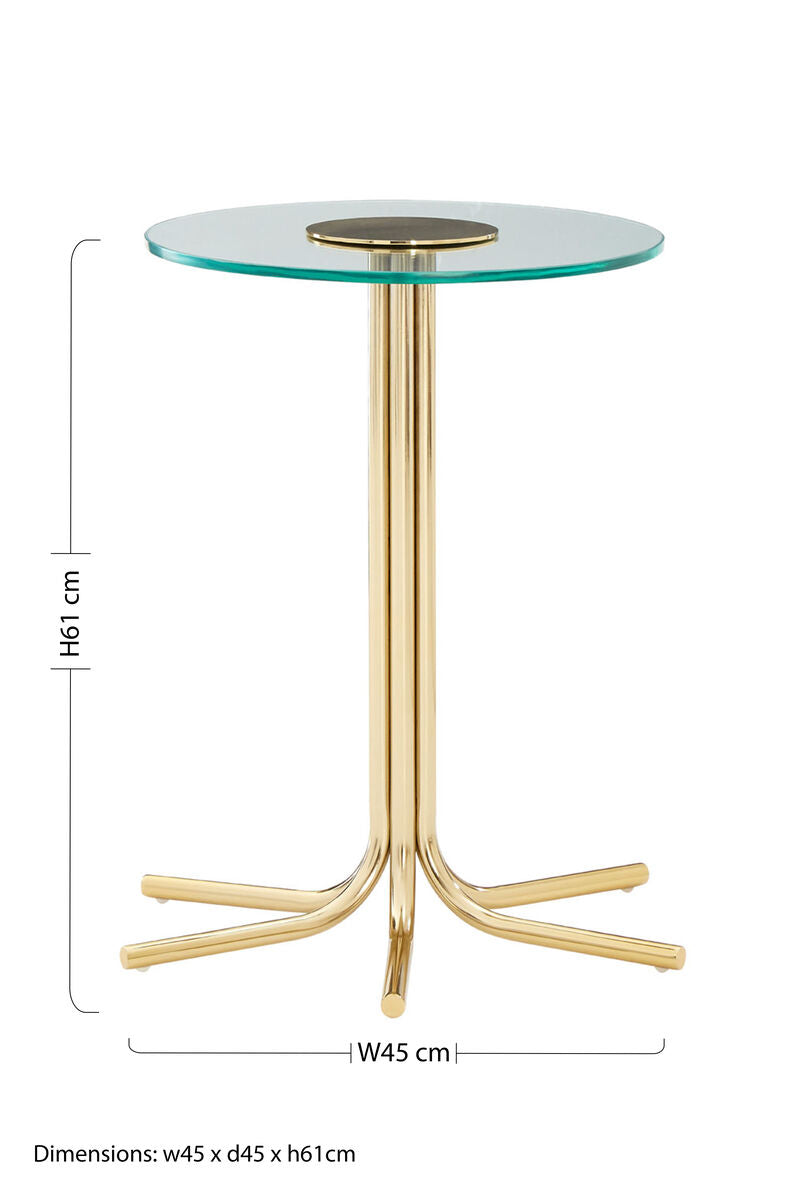 Orsina Miley Round Glass Side Table – Gold Metal Splayed Base