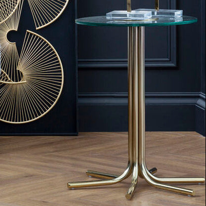 Orsina Miley Round Glass Side Table – Gold Metal Splayed Base