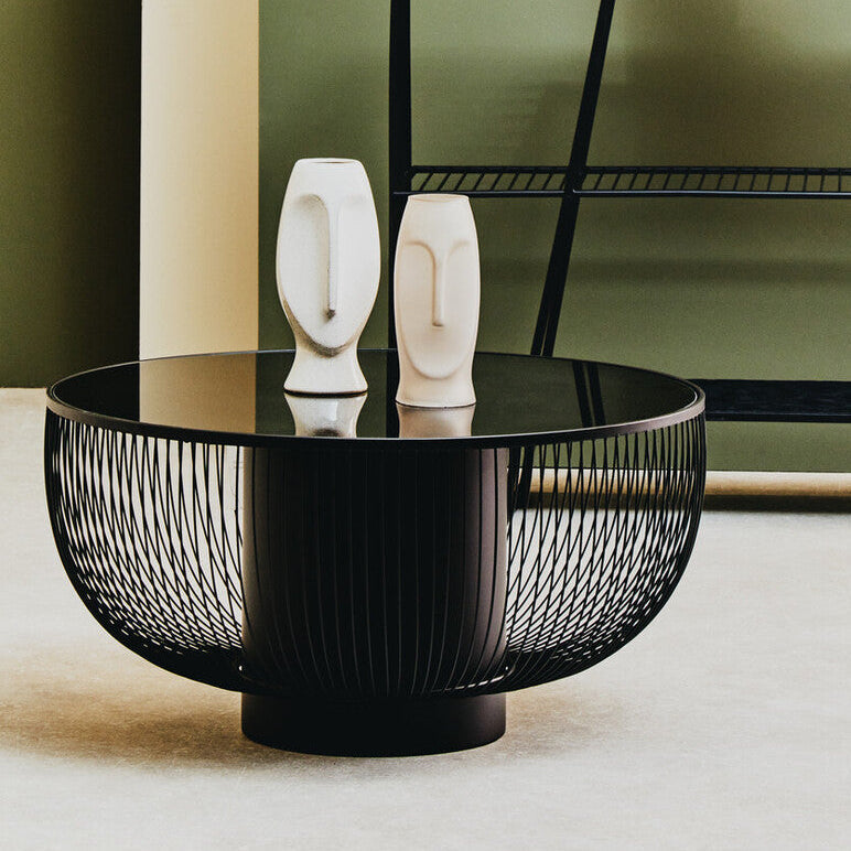 Orsina Trento Round Coffee Table – Black Glass & Matte Wireframe