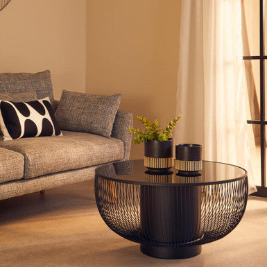 Orsina Trento Round Coffee Table – Black Glass & Matte Wireframe