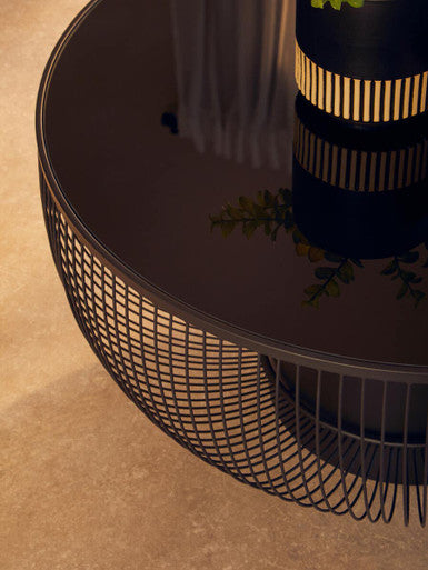 Orsina Trento Round Coffee Table – Black Glass & Matte Wireframe