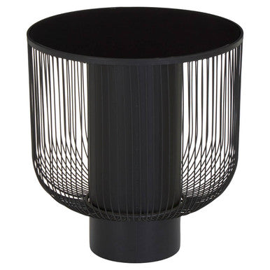 Orsina Trento Round End Table – Black Glass Top & Wireframe Base