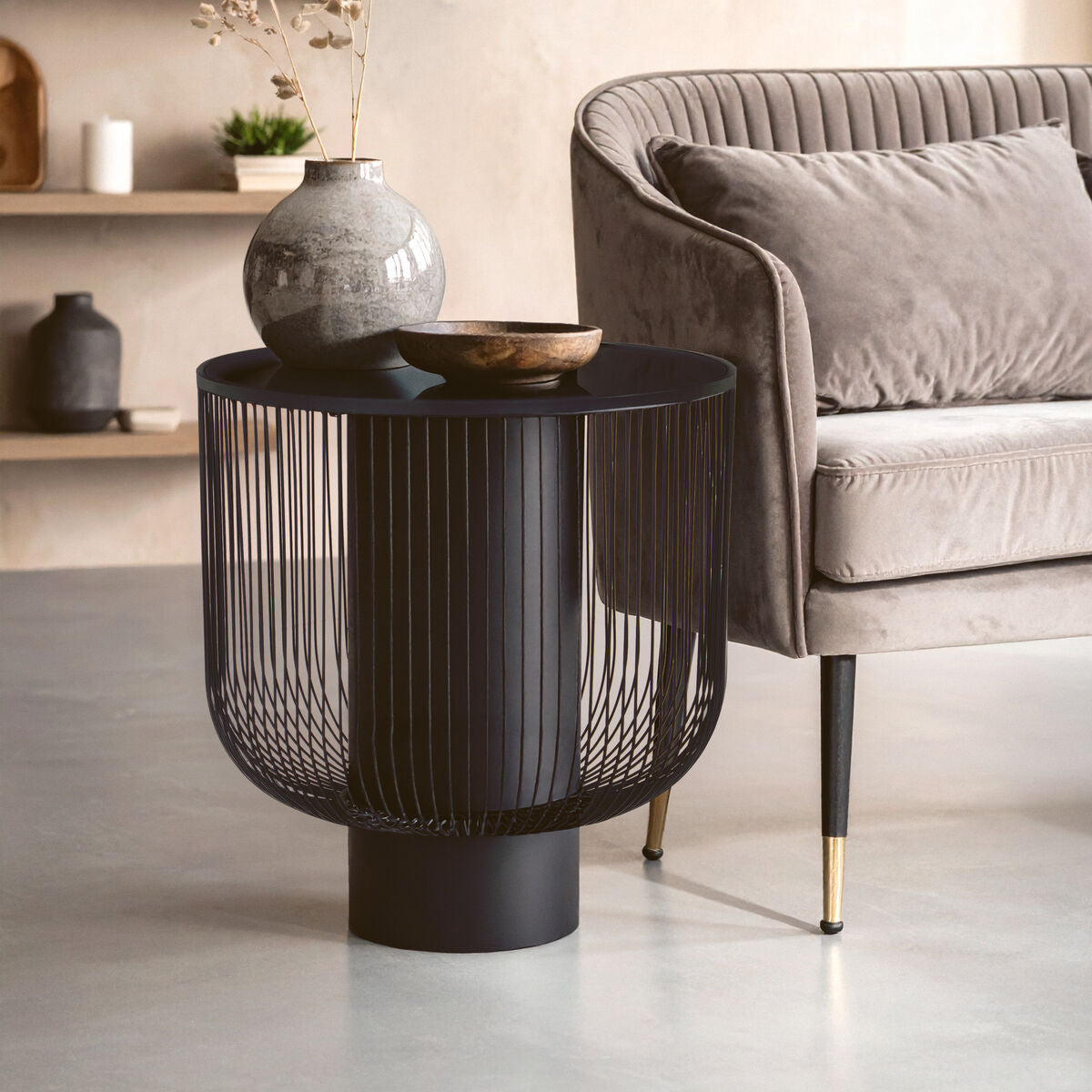 Orsina Trento Round End Table – Black Glass Top & Wireframe Base
