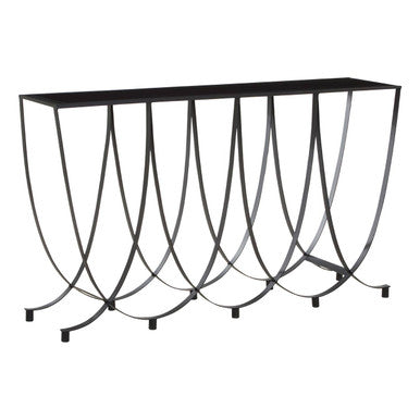 Orsina Trento Console Table – Black Glass Top with Curved Iron Base