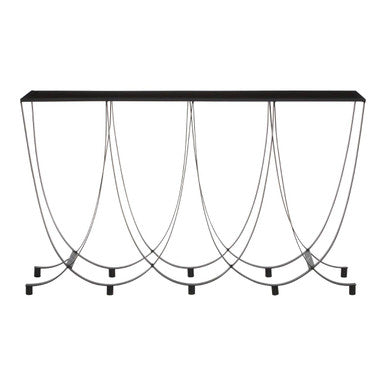 Orsina Trento Console Table – Black Glass Top with Curved Iron Base
