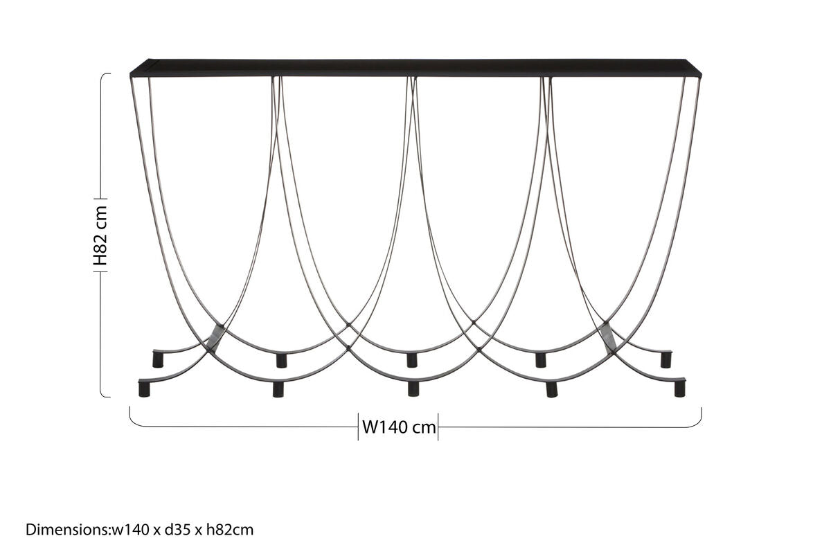 Orsina Trento Console Table – Black Glass Top with Curved Iron Base